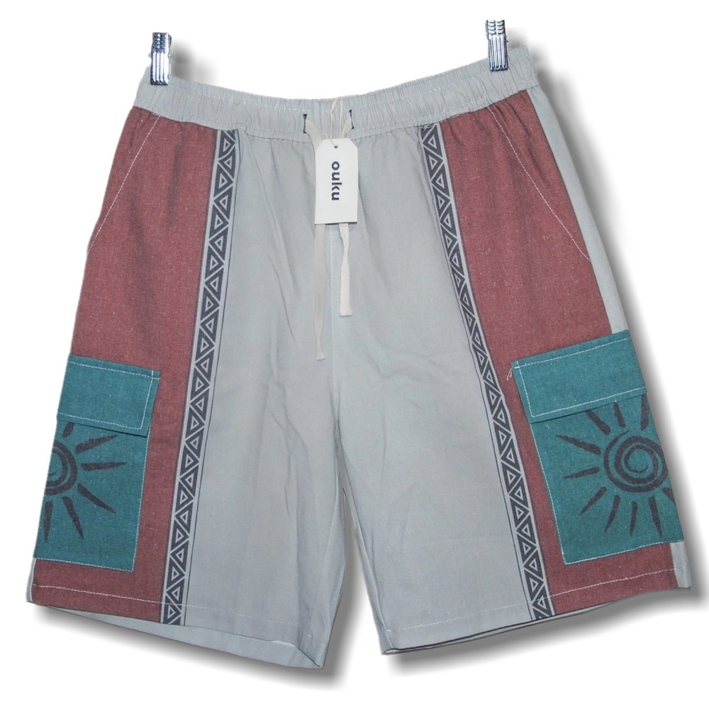 Vtg OUKU Medium 90s Y2K  Shorts Tribal Sun Pull On Drawstring Geo Aztec Festival